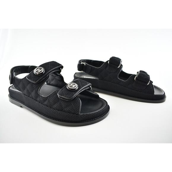 Chanel 21C Black Fabric Silver Logo Mule Slide Strap Flat Teva Dad Sandal 37.5 - Picture 6 of 12